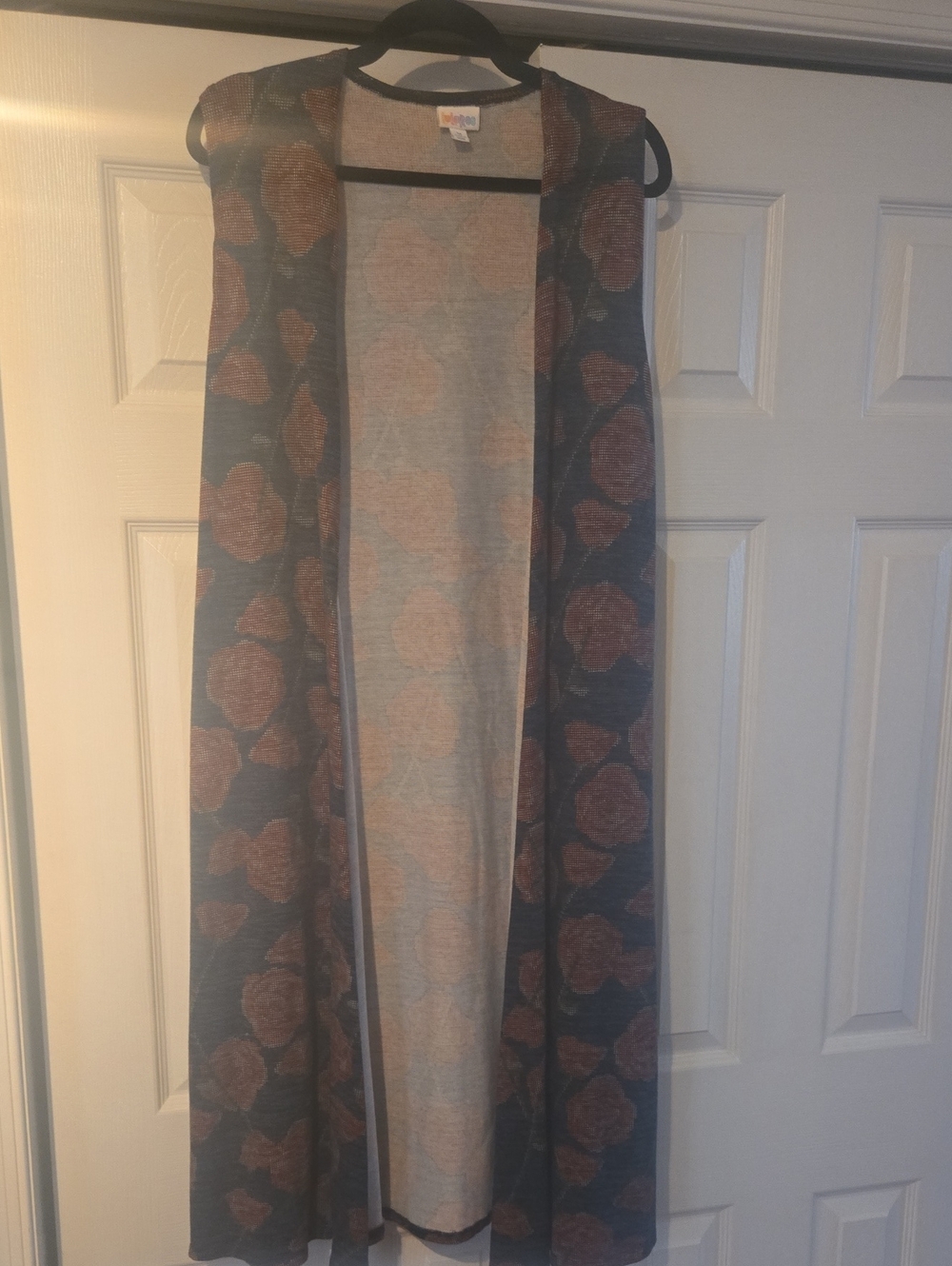 LuLaRoe JOY Long Open-Front Maxi Vest in Blue and Rust Floral
